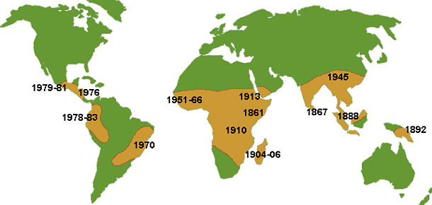 Figure 1. World distribution of coffee rust. (Adapted from Schieber, E. and G.A. Zentmyer. 1984. Coffee rust in the Western Hemisphere. Plant Dis. 68:89-93.